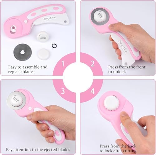 45mm Rotary Cutter for Fabric with 5pcs Extra Blades, Ergonomic Handle Rolling Cutter with Safety Lock for Fabric for Leather, Sewing, Quilting, Rotary Cutter Perfect for Left & Right Hand (Pink) - 3