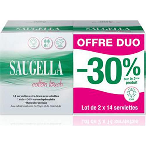 Saugella Cotton Touch Jour Lot de 2 x 14 Serviettes Extra-Fines avec Ailettes Cover