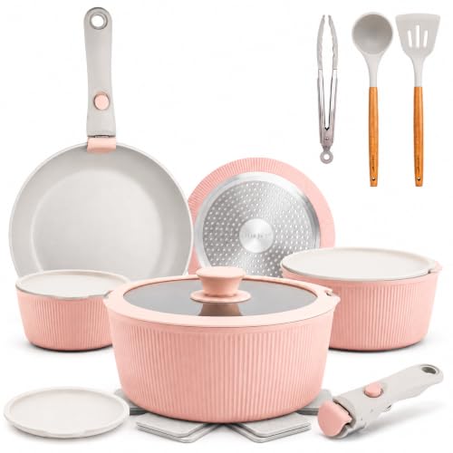 NutriChef 18-Piece Ceramic Cookware Set with Detachable Handles, Non Stick Pots and Pans, PTFE-Free Natural Ceramic Coating, Space-Saving Design, Oven & Stove Safe, Includes Utensils, Pink