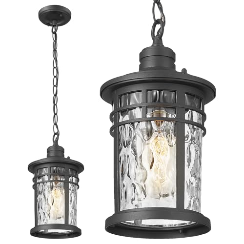 Image of Darkaway Outdoor Pendant Lights for Porch, Outdoor Chandelier Hanging Porch Lights Outside Ceiling Mount Aluminum with Water Ripple Glass for House Gazebo Patio