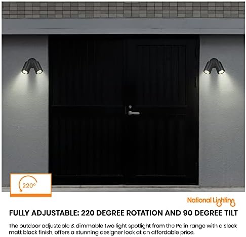 Palin IP44 Rated Outdoor Twin Spotlights, Matt Black Steel Adjustable Tilt Outside Lights, Mains Powered Security Spot Lights, 2X 7W 240V LED GU10 (Not Included)