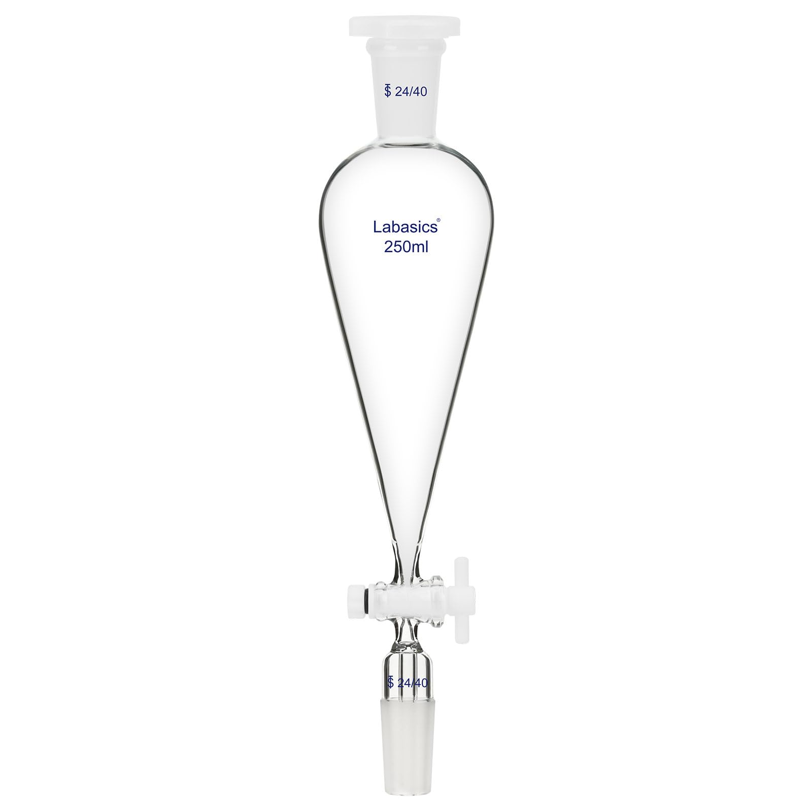 Labasics Embudo Separador Cónico en Forma de Pera de 250 ml con Llave de PTFE, Vidrio de Borosilicato Grueso y Juntas 24/40