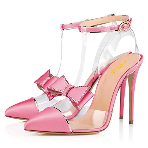 FSJ Women Clear T Strap Pointed Toe Stiletto High Heels Dress Pumps Sandals with Rhinestone Studded Bows Size 4-15 US