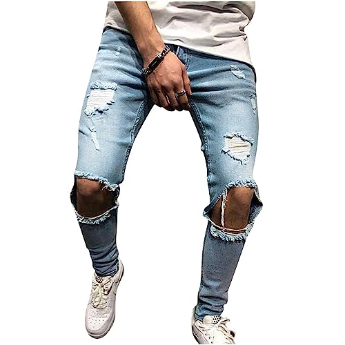Men's Ripped Jeans Slim Fit Distressed Destroyed Denim Pants Stretch High Waist Washed Jean Pant Streetwear with Hole3