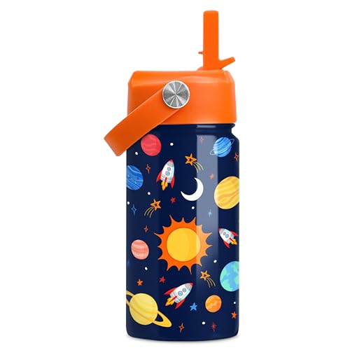 Image of SANDJEST Space Water Bottle - Kids Water Bottle with Straw Lid - 12 Oz Insulated Stainless Steel Water Bottles for Kid Boys Girls - Travel Cup for School Sports