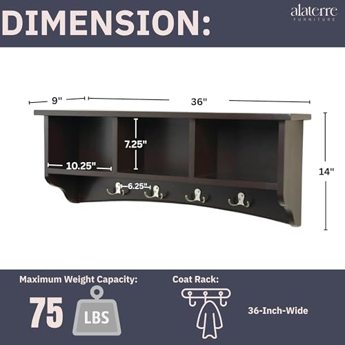 Image of Shaker Cottage Wall-Mounted Coat Rack with 3 Storage Cubbies and Hooks - Hanging Wall Organizer for Entryway, Mudroom, or Hallway, Space-Saving Wall Shelf, 36 inch W x 9 inch D x 14 inch H (Chocolate Finish)