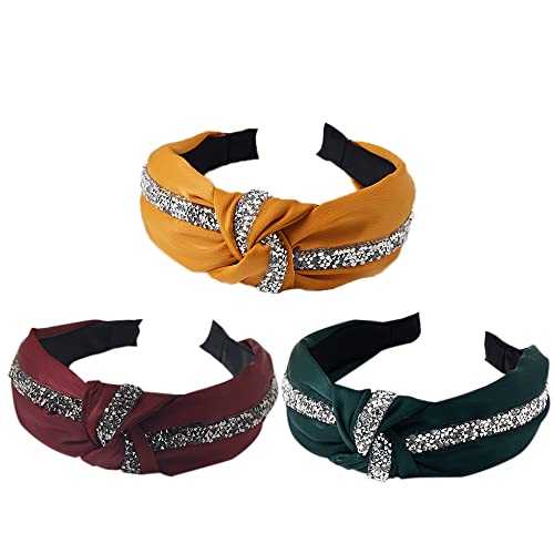 3Pcs Boho Wide Headband Rabbit Ears Hair Bands Fabric Non-Slip Headwear Elastic Twist Hair Hoop 1920s Accessories for Women Girls (Diamondv) - Image 3