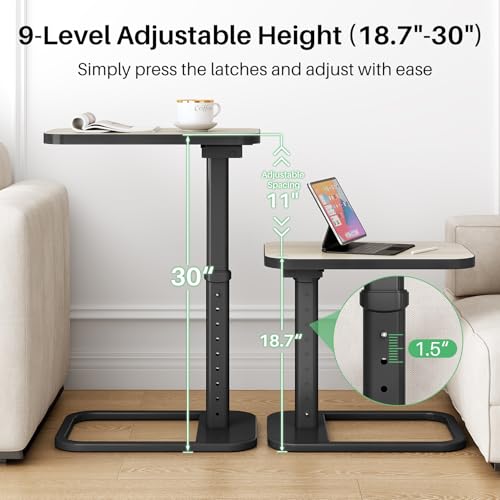 Image of Driftwood Grey TV Tray Table, Adjustable Height & Rounded Metal Corners, Snack Table for Couch, Sofa, Bed, Chair, Living Room, C Shaped End Side Table for Eating, Dinner or Laptop, Small Spaces