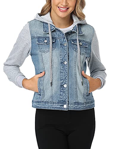 MISS MOLY Women's Hooded Jean Jacket Drawstring Layered Washed Long Sleeve Sweatshirt Hoodie Denim Jacket w 2 Pockets4