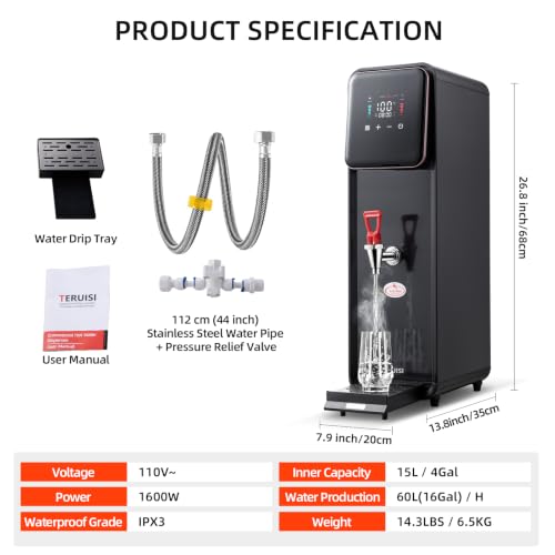 Image of 15L /4Gal Hot Water Dispenser, 1600W Commercial Hot Water Boiler, 60L(13Gal) /H Large Hot Beverage Dispenser with 304 Stainless Steel Inner, HD LED Screen for Hotels, Restaurants, Bars