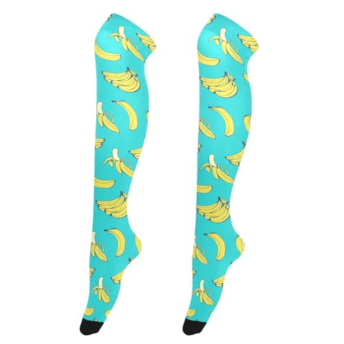 Women Girls High Thigh Socks Tropical Fruit Banana Pattern Over Knee Thin Tights Long Stocking Yellow Blue
