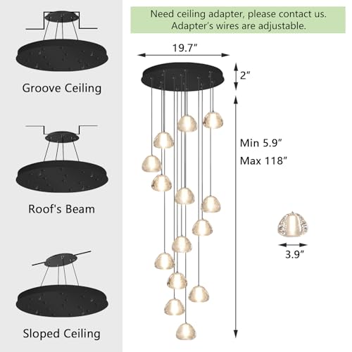 Image of Modern Crystal Chandelier for Staircase 118 inch Long Black LED Lighting for Foyer Adjustable Ceiling Lighting Fixture for Living Room Hallway Entryway Staircase