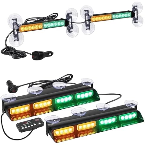 AINBIN 2X 10.7 inch Amber Green Emergency Strobe Lights & 2 in 1 14 inch Amber Green Emergency Dash Strobe Lights for Plow Trucks Construction Vehicles Cover