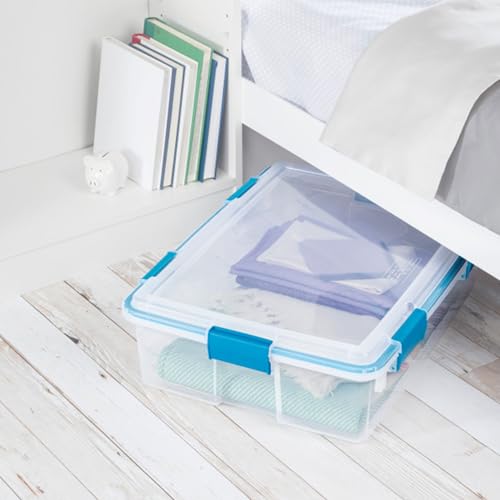 Image of Sterilite Gasket Storage Box with Lids for Home & Office, 37 Quart, 4-Pack | Heavy-Duty, Stackable, and Organizing Containers for Bathroom, Cabinet, Closet, and Garage, Clear and Blue Aquarium Latches