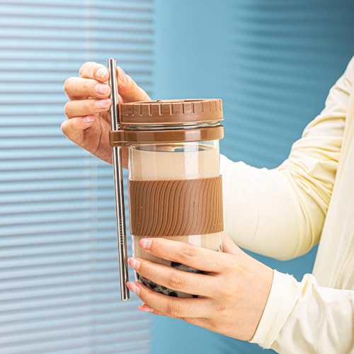 wookgreat 2 Pack Bubble Tea Cup, 24oz Iced Coffee Cups, Mason Jar with & Straws & 2 Airtight Lids, Reusable Wide Mouth Smoothie Boba Cup, Clean Brush, Glass Cups, Travel Drinking Bottle