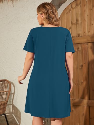 Image of AusLook Plus Size Midi Dress for Women V Neck Short Sleeve Summer Casual Loose Fit Vacation Sundress with Pockets 1X-5X