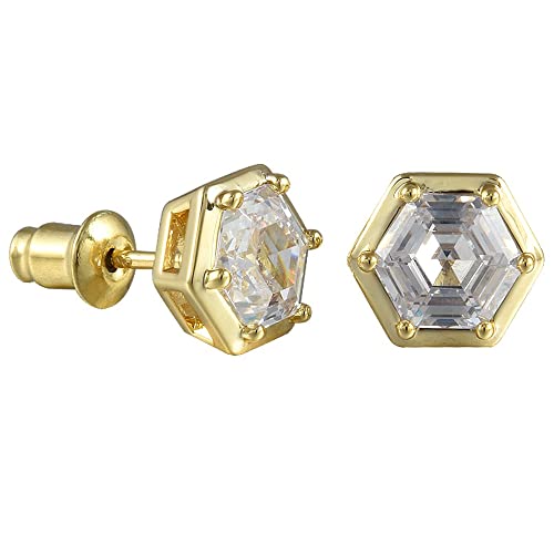 [RIZILIA BEEHIVE] Hexagon Pierced Stud Earrings with Custom-Cut 2CT 6mm Gemstone [White Cubic Zirconia] in 18K Gold Plated3