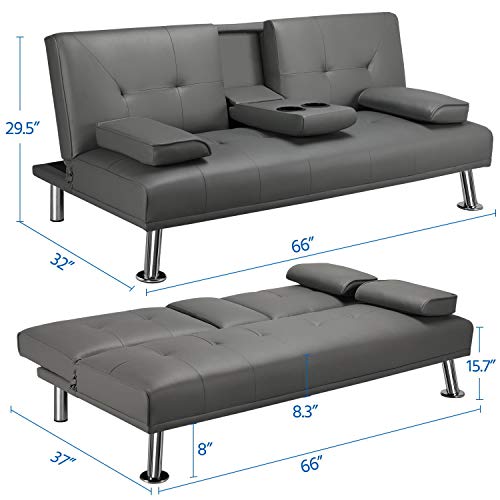 Yaheetech Modern Faux Leather Futon Set Convertible Recliner Sleeper Fold Up & Down Loveseat Reversible Daybed Guest Bed, 3 Angles Adjustable, 2 Cup-Holders, Up To 772 Lbs, Gray #TOP6