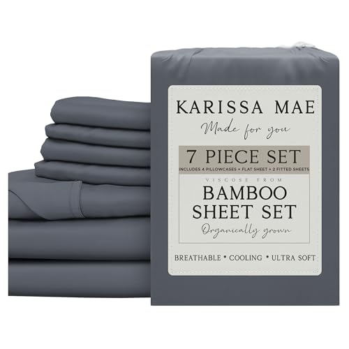 Image of KARISSA MAE 7 Piece Luxury Bamboo Viscose Split King Sheets, FSC Certified | Includes 2 Twin XL Fitted Sheets | Sleep Number & Adjustable Bed | Cooling | 18 inch Deep Pocket | 4 Pillowcases [Charcoal Grey]