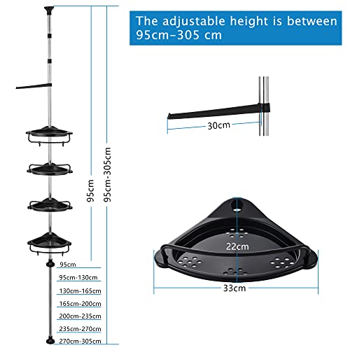 GRICOL Étagère de Douche Réglable en Hauteur Étagère d'Angle Douche Sans Percage Acier Inoxydable avec 4 Paniers et 1 Porte-Serviettes pour Baignoire et Salle de Bain 95-305CM Noir