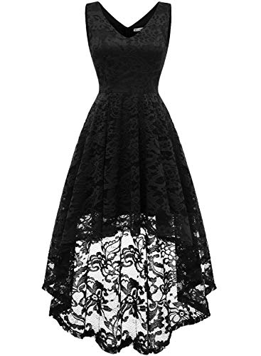 MUADRESS 6666 Women s Sleeveless Hi-Lo Lace Formal Dress Cocktail Party Dress V Neck Black Large