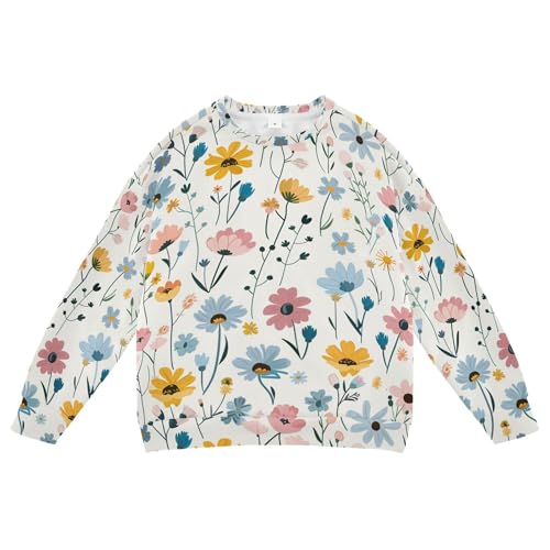 JUNZAN Cute Little Spring Blue Pink Flowers Big Boys Pullover Hoodie Crewneck Boys Sweat Shirt Camping 4T