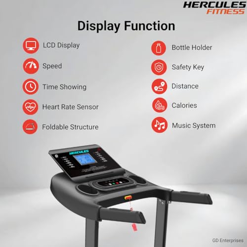 Image of Hercules Fitness Adler TXM22 3.0 HP Peak DC Motorized Treadmill Max Speed 12 Km /Hr Max User Weight 120 KG Home Use Treadmill Bluetooth Speaker 3 Level Manual Incline Foldable Structure Gym Equipment