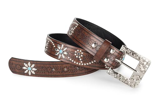 Western-Cowgirl-Rivet-Belt for Women - Versatile Studded Bling Floral-Cowboy-Belt Waist with turquoise for Jeans Pants