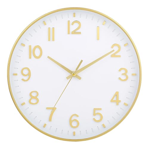 Image of HZDHCLH Wall Clocks Battery Operated,Wall Clock White Gold,8 inch Wall Clock Silent Non Ticking Modern 3D Numbers for Office Kitchen Classroom Bedroom Living Room Decor