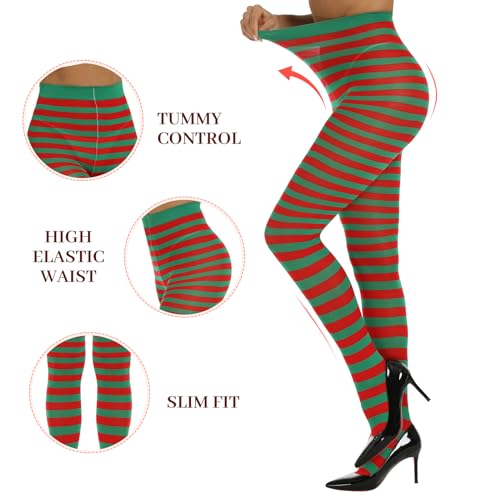 Image of MANZI Striped Tights for Women Footed Stretchy Opaque Pantyhose for Halloween Xmas 2 Pairs