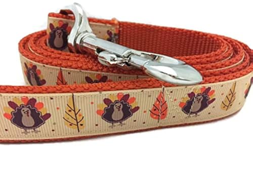 Thanksgiving Dog Collar, Caninedesign, Autumn, Fall, Turkey, 1 inch Wide, Adjustable, Nylon, Medium and Large (Thanksgiving, 6ft Leash)