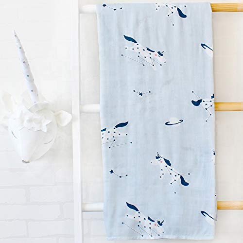 Image of Kassy Pop Printed 6 Layer Bamboo Muslin Blanket Cum Swaddling Towel for Baby, Toddlers | 70% Bamboo, 30% Cotton | AC Quilt, Multi-Purpose Blanket | Toxin Free | 110cm x 110cm (Blue Unicorn Print)