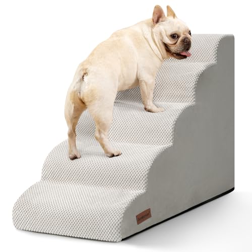 Image of Aodisman Dog Stairs for High Beds,5 Step Pet Ramp for Dogs and Cats,22.4 inch H | High-density foam dog steps for beds and window sills, with a non-slip bottom for puppy and older cat,comfortable,Light Grey