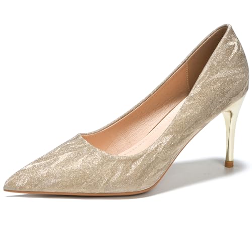 WUIWUIYU Women's High Heel Pumps Pointed Toe Classic Wedding Bridal Stiletto Heeled Party Dress Shoes Glittery Pumps Gold Size 4