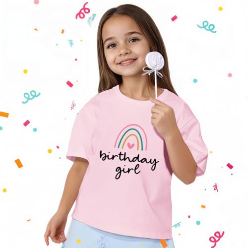 Fkatuzi Cute Rainbow Birthday Girl Shirt Kawaii Graphic Tees Cotton Short Sleeve T Shirt Pink Tops3