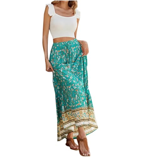 Women's Boho Long Maxi Skirt Trendy Flowy Elastic High Waist Casual Summer Beach Swing A-line Cotton Floral Skirts2