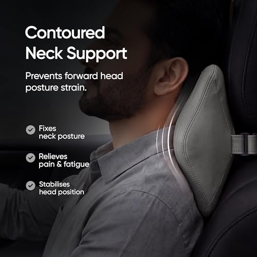 Image of Frido Premium Car Neck Rest Pillow with Ergonomic Memory Foam Headrest Cushion and Luxe Leatherette Cover, Comfortable Neck Support for Driving, Relieves Neck Pain for Long Drives and Travel | Ivory
