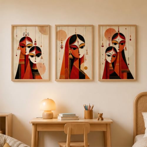 Image of Livin'luxe Set of 3 Traditional Indian Women Wall Paintings for Living Room Bedroom Home Decor with Premium Wooden Color Synthetic Frame (13.5 x 19.5 Inch) NM03-64