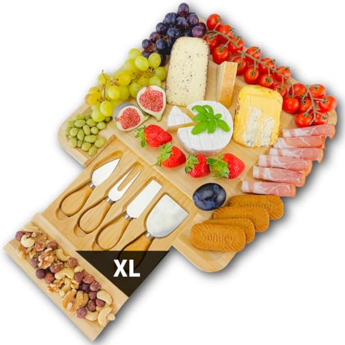 Plateau à Fromage en Bambou avec 4 Couteaux - Plateau Charcuterie Bois, Idéal pour Apéritifs Gourmets, Cadeaux d'anniversaire et Cadeaux de Noël pour...