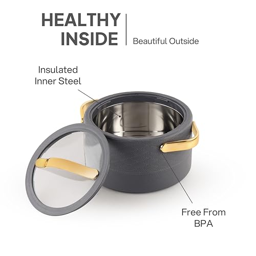 Image of CELLO Velvetto Deluxe 2500 Insulated Casserole Hot Box for Kitchen 2500 ml, Grey | Airtight See Through Lid Hot Pot Case Keeps Food Hot & Warm for Long Hours, Casserole Set for Roti, Rice & Biryani