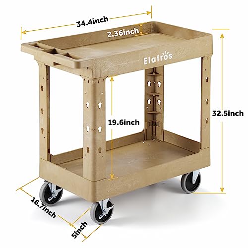 Image of ELAFROS 2-Tier Heavy Duty Utility Rolling Cart, 34 x 17 in, 5 inch Wheels, Sand