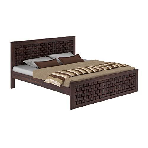 Image of WOODLAB Furniture Sheesham Wood Queen Size Bed Without Storage and with Headboard | Wooden Double Size Bed Cot Palang for Bedroom Living Room Wooden Double Cot Palang Bed (Walnut Finish)