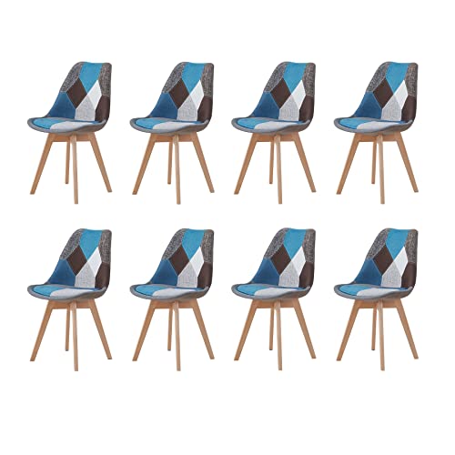EGOONM Lot de 8 Chaises de Salle à Manger, Chaises de Style Nordique, Chaises de Cuisine en Patchwork, Chaises de Salle à Manger en Tissu (Bleu)