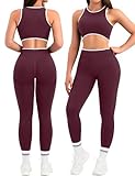 Relety Womens Workout Sets 2 Piece Seamless Crop Tank Top High Waist Leggings Contrast Trim Padded Racerback Bra Yoga Outfits - Plum Medium