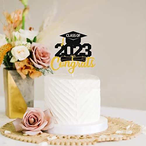 Gold&Black Glitter Class Of 2023 Congrats Cake Topper,Congrats 2023 Graduate Party Decorations Supplies,High School Graduation, College Graduate Certificate Cake Decorat #TOP3