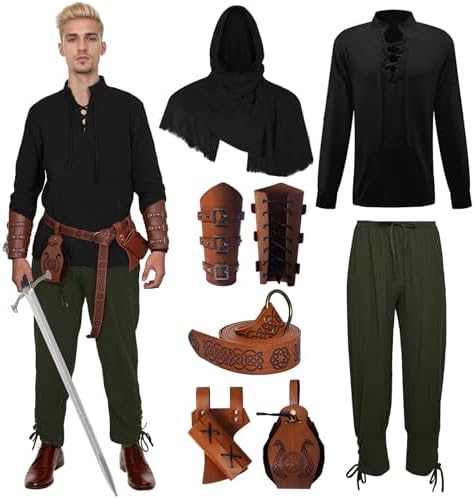 Runcati Middeleeuws kostuum voor heren, renaissance, piraat, Halloween, Viking tuniek ridder cosplay krijger LARP shirts, Zwart, M