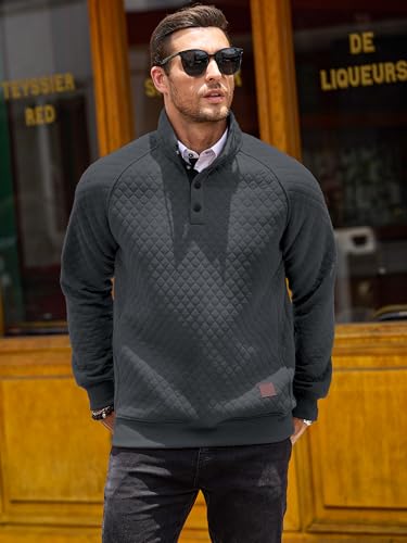 Comdecevis Mens Quilted Pullover Sweatshirt Casual Long Sleeve Mock Neck Sweater Waffle Pullover Polo with Pockets3