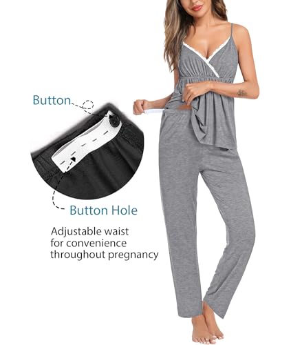 Image of SWOMOG Maternity Nursing Robe Set 3 Piece Breastfeeding Pajamas 3 in 1 Labor Delivery Sleevless Tops&Long Pants Pregnancy Pjs