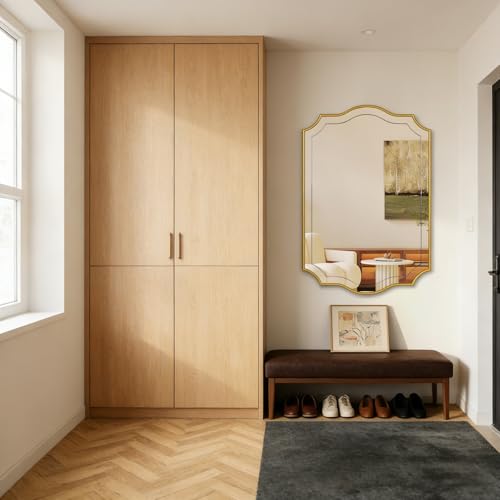 Image of POZINO 36 inchx24 inch Scalloped Wall Mirror with Wood Frame, Gold Irregular Mirror