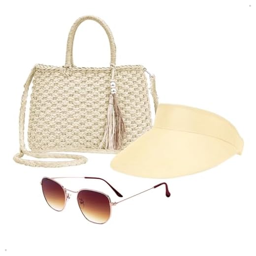 Kit Bolsa de Palha Feminina + Viseira Solar + Óculos de Sol Para Praia Moda Verão (Areia+Marrom)